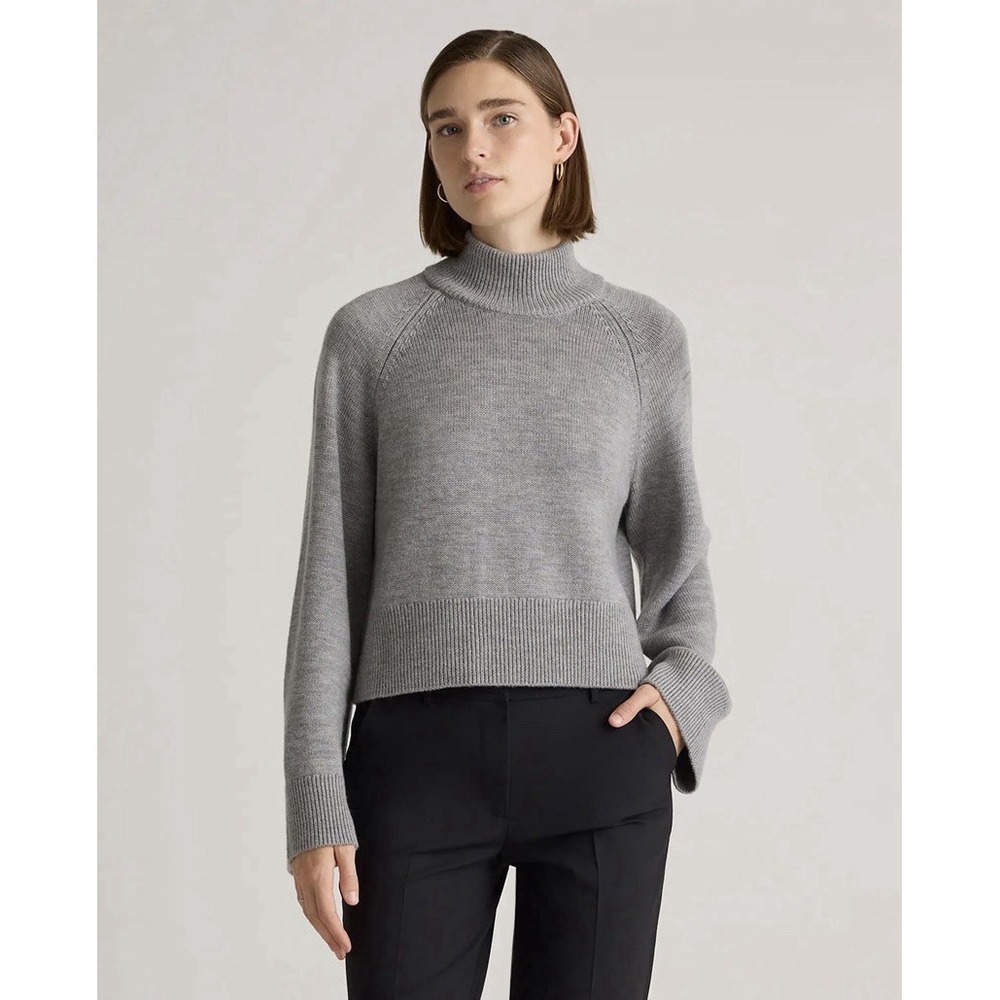 Quince Women Australian Merino Wool Cropped Mock Neck Sweater Heather Grey SZ M